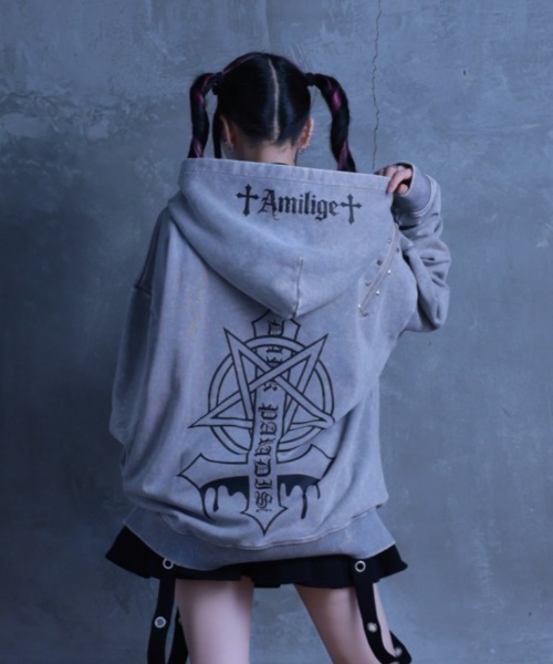 Amilige（アミリージュ）の「クロスプリントZIPパーカー（パーカー・レディース・ブラック/グレー・FREE）」の5枚目の写真