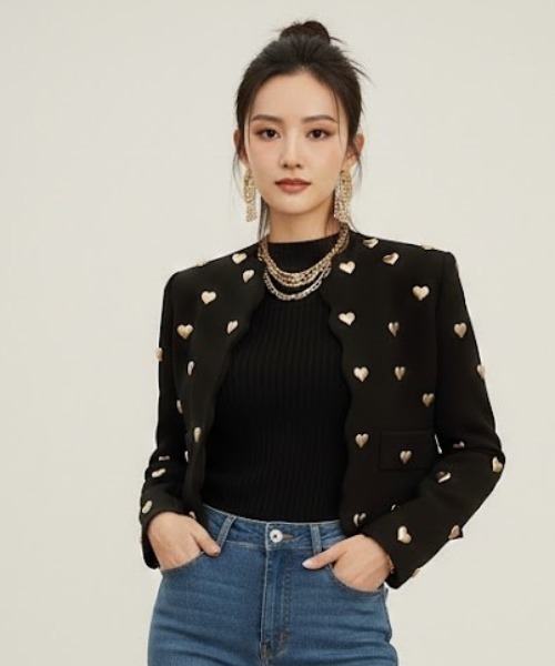 Lana821（ラナハニー）の「ハートモチーフ ウェーブカットジャケット（ノーカラージャケット・レディース・ブラック・S/M/L）」の4枚目の写真
