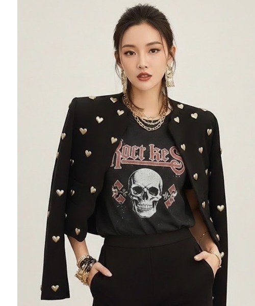 Lana821（ラナハニー）の「ハートモチーフ ウェーブカットジャケット（ノーカラージャケット・レディース・ブラック・S/M/L）」の10枚目の写真