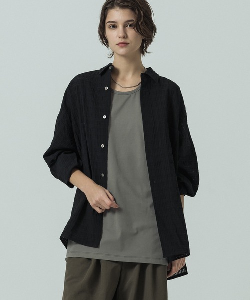 SLICK(スリック)の「【SLICK/スリック】Sheer Check Dolman Sleeve Shirt/シアーチェック ドルマンスリーブ シャツ / オーバーサイズ/レギュラーカラーシャツ(シャツ/ブラウス・メンズ・ブラック/ライトグレー/スミクロ・1/2/3)」の4枚目の写真
