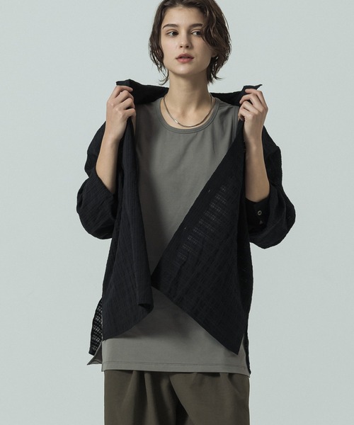 SLICK(スリック)の「【SLICK/スリック】Sheer Check Dolman Sleeve Shirt/シアーチェック ドルマンスリーブ シャツ / オーバーサイズ/レギュラーカラーシャツ(シャツ/ブラウス・メンズ・ブラック/ライトグレー/スミクロ・1/2/3)」の6枚目の写真