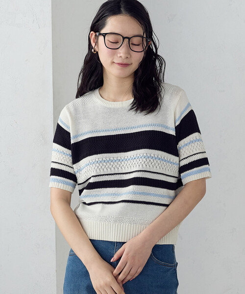 COMME CA ISM(コムサイズム)の「マルチボーダー 地柄五分袖ニット(ニット/セーター・レディース・ネイビー/アイボリー・LARGE/MEDIUM)」の12枚目の写真