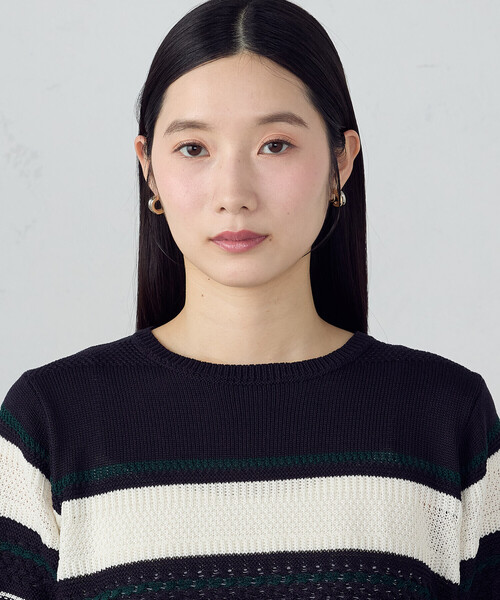 COMME CA ISM(コムサイズム)の「マルチボーダー 地柄五分袖ニット(ニット/セーター・レディース・ネイビー/アイボリー・LARGE/MEDIUM)」の3枚目の写真