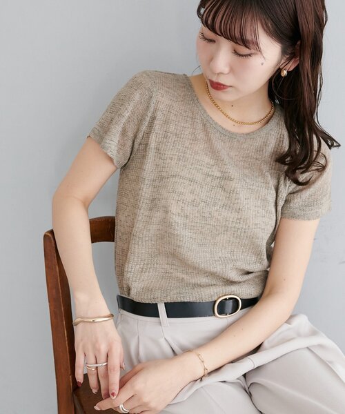DISCOAT(ディスコート)の「【WEB限定】シアーワッフルクルーネックコンパクトTシャツ(Tシャツ/カットソー・レディース・ネイビー/グレイッシュベージュ/アイボリー/ミント・MEDIUM)」の3枚目の写真