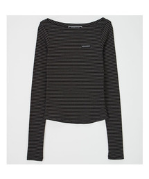 UNKNOWN PLANET（アンノウンプラネット）の「スリムストライプボートネックロングスリーブトップブラック（Tシャツ/カットソー）」