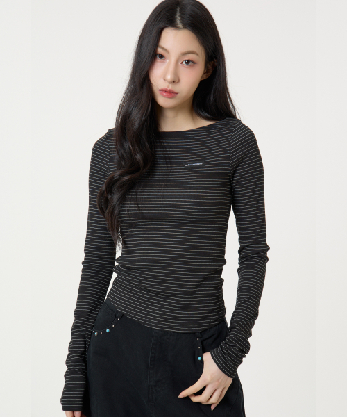 UNKNOWN PLANET(アンノウンプラネット)の「スリムストライプボートネックロングスリーブトップブラック(Tシャツ/カットソー・レディース・その他・MEDIUM/SMALL)」の2枚目の写真