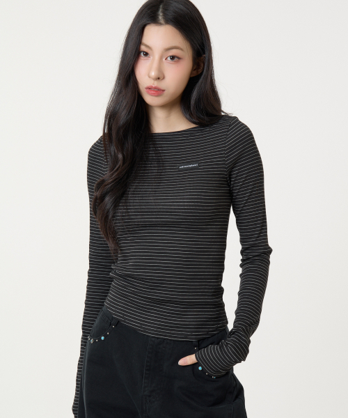 UNKNOWN PLANET(アンノウンプラネット)の「スリムストライプボートネックロングスリーブトップブラック(Tシャツ/カットソー・レディース・その他・MEDIUM/SMALL)」の3枚目の写真