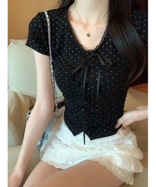 Ritzy(リッツィー)の「ドット柄レースアップ Tシャツ(Tシャツ/カットソー・レディース・ブラック/ブラック系・M/L)」の7枚目の写真