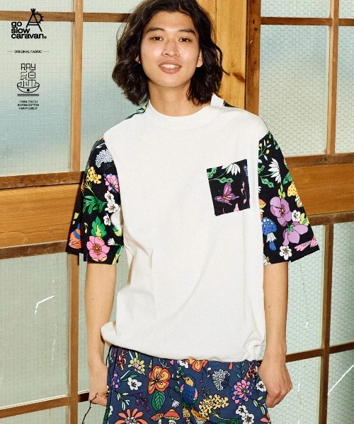 go slow caravan(ゴースローキャラバン)の「RAY綿 アクティブパターン切替ハッピーフラワー PKT TEE(Tシャツ/カットソー・メンズ・ブラック/ホワイト・MEDIUM/LARGE/X-LARGE)」の2枚目の写真