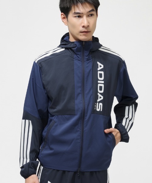 adidas（アディダス）の「【別注】アディダス adidas M HYBRID フーディジャケット 限定コラボ（ジャージ・メンズ・ダークブルー/グレー・M/L/3L/S/LL）」の2枚目の写真