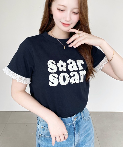 moment+(モーメントプラス)の「ドットロゴプリント袖口レースフリル半袖Tシャツ(Tシャツ/カットソー・レディース・オートミール/ネイビー/ブラック/ピンク/オフホワイト/イエロー・M)」の11枚目の写真