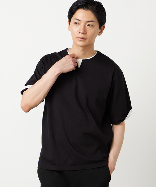 COMME CA ISM（コムサイズム）の「【接触冷感】USAコットン フェイクレイヤード キーネックTシャツ（Tシャツ/カットソー・メンズ・ブラック/ライトグレー/サックスブルー/ホワイト・MEDIUM/LARGE/X-LARGE）」の3枚目の写真