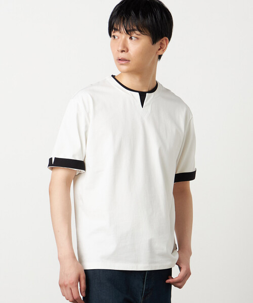 COMME CA ISM（コムサイズム）の「【接触冷感】USAコットン フェイクレイヤード キーネックTシャツ（Tシャツ/カットソー・メンズ・ブラック/ライトグレー/サックスブルー/ホワイト・MEDIUM/LARGE/X-LARGE）」の7枚目の写真