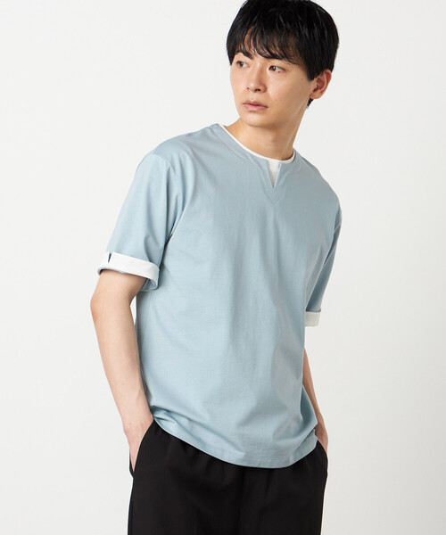 COMME CA ISM（コムサイズム）の「【接触冷感】USAコットン フェイクレイヤード キーネックTシャツ（Tシャツ/カットソー・メンズ・ブラック/ライトグレー/サックスブルー/ホワイト・MEDIUM/LARGE/X-LARGE）」の16枚目の写真