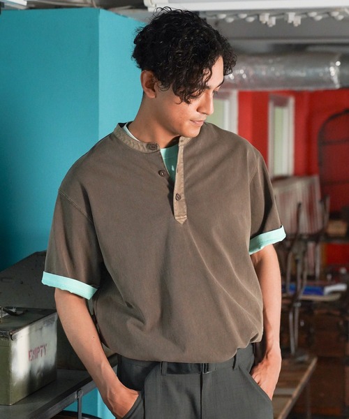BAYFLOW（ベイフロー）の「スラブヘンリーネックTシャツ（Tシャツ/カットソー・メンズ・チャコール/オフホワイト/ブラウン・MEDIUM/LARGE）」の3枚目の写真