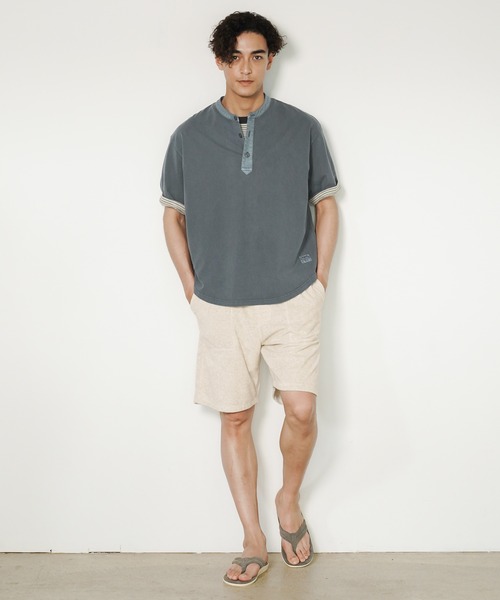 BAYFLOW（ベイフロー）の「スラブヘンリーネックTシャツ（Tシャツ/カットソー・メンズ・チャコール/オフホワイト/ブラウン・MEDIUM/LARGE）」の5枚目の写真