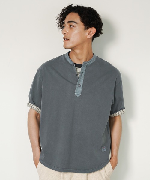 BAYFLOW（ベイフロー）の「スラブヘンリーネックTシャツ（Tシャツ/カットソー・メンズ・チャコール/オフホワイト/ブラウン・MEDIUM/LARGE）」の6枚目の写真