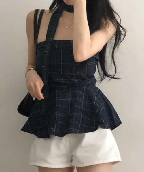 Aelina(エリナ)の「チョーカーストラップ チェック柄ビスチェ フレアヘム ノースリーブトップス(チューブトップ・レディース・ブルー/ホワイト・FREE)」の3枚目の写真