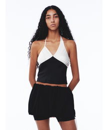 Satin Shirring Halter Top Black Ivory