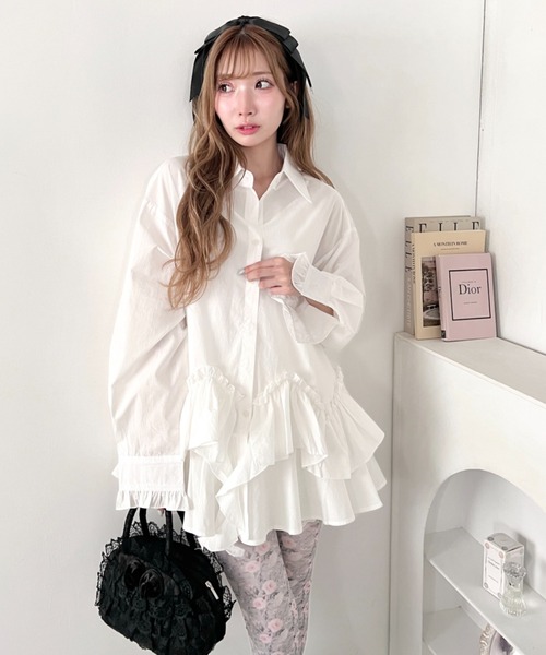 Loueme（ルエム）の「フリルチェックシャツチュニック（シャツ/ブラウス・レディース・レッド/ライトブルー/ブラック/ホワイト・FREE）」の2枚目の写真