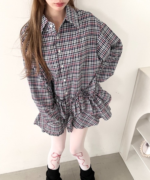 Loueme（ルエム）の「フリルチェックシャツチュニック（シャツ/ブラウス・レディース・レッド/ライトブルー/ブラック/ホワイト・FREE）」の20枚目の写真