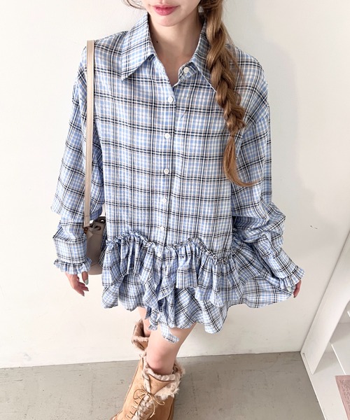 Loueme（ルエム）の「フリルチェックシャツチュニック（シャツ/ブラウス・レディース・レッド/ライトブルー/ブラック/ホワイト・FREE）」の5枚目の写真