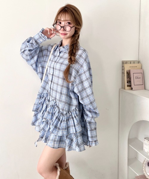 Loueme（ルエム）の「フリルチェックシャツチュニック（シャツ/ブラウス・レディース・レッド/ライトブルー/ブラック/ホワイト・FREE）」の7枚目の写真