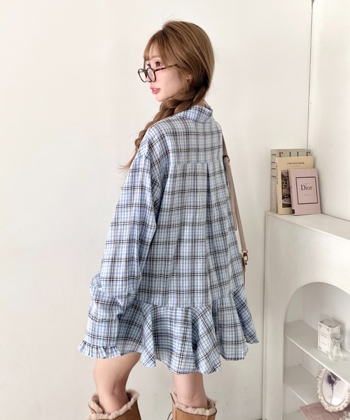Loueme（ルエム）の「フリルチェックシャツチュニック（シャツ/ブラウス・レディース・レッド/ライトブルー/ブラック/ホワイト・FREE）」の8枚目の写真