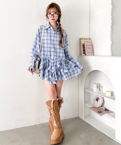 Loueme（ルエム）の「フリルチェックシャツチュニック（シャツ/ブラウス・レディース・レッド/ライトブルー/ブラック/ホワイト・FREE）」の9枚目の写真