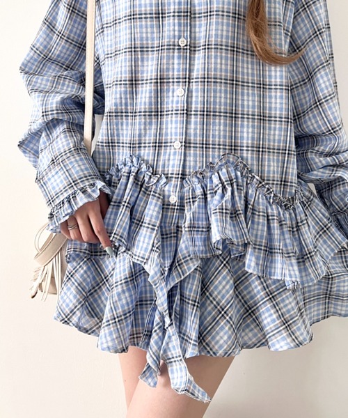 Loueme（ルエム）の「フリルチェックシャツチュニック（シャツ/ブラウス・レディース・レッド/ライトブルー/ブラック/ホワイト・FREE）」の12枚目の写真