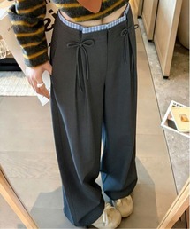 チェックレイヤードリボン付きワイドパンツ