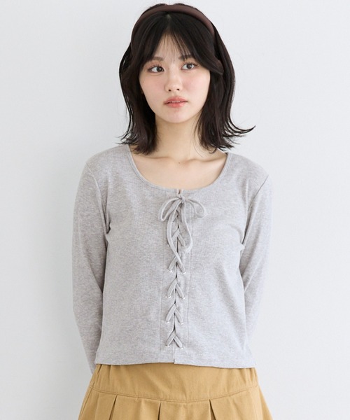 coca(coca)(コカ)の「ユース リブレースアップトップス(Tシャツ/カットソー・レディース・チャコール/グレー・M/L/S)」の1枚目の写真