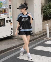 【KONVINI select】デニム切替 ロゴTシャツ 半袖 異素材ドッキング カジュアルトップス　ワンマイル　ラフ