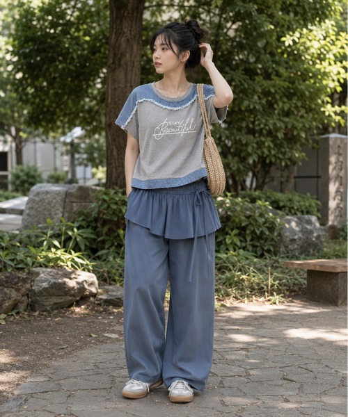 KONVINI（コンビニ）の「【KONVINI select】デニム切替 ロゴTシャツ 半袖 異素材ドッキング カジュアルトップス　ワンマイル　ラフ（Tシャツ/カットソー・レディース・グレー/ブラック・FREE）」の12枚目の写真