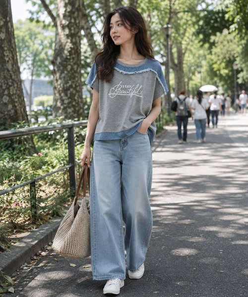 KONVINI（コンビニ）の「【KONVINI select】デニム切替 ロゴTシャツ 半袖 異素材ドッキング カジュアルトップス　ワンマイル　ラフ（Tシャツ/カットソー・レディース・グレー/ブラック・FREE）」の13枚目の写真