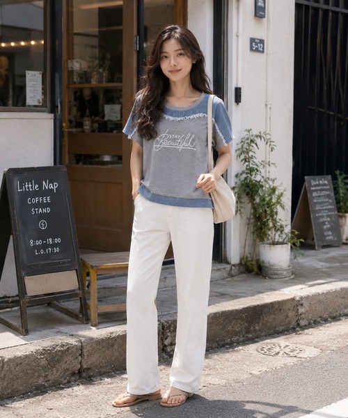 KONVINI（コンビニ）の「【KONVINI select】デニム切替 ロゴTシャツ 半袖 異素材ドッキング カジュアルトップス　ワンマイル　ラフ（Tシャツ/カットソー・レディース・グレー/ブラック・FREE）」の14枚目の写真