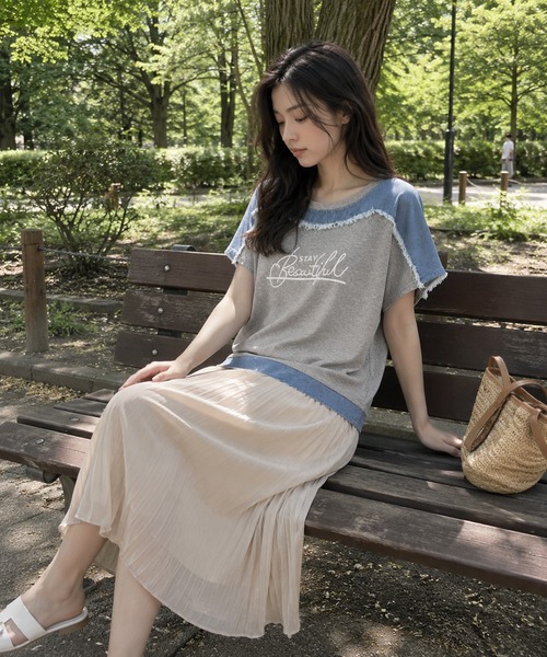 KONVINI（コンビニ）の「【KONVINI select】デニム切替 ロゴTシャツ 半袖 異素材ドッキング カジュアルトップス　ワンマイル　ラフ（Tシャツ/カットソー・レディース・グレー/ブラック・FREE）」の16枚目の写真