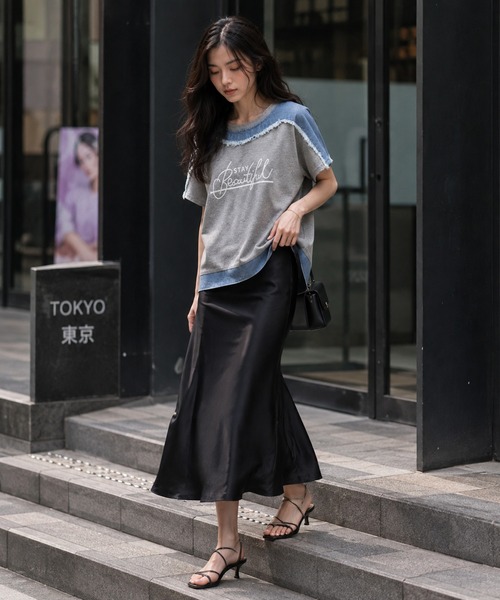 KONVINI（コンビニ）の「【KONVINI select】デニム切替 ロゴTシャツ 半袖 異素材ドッキング カジュアルトップス　ワンマイル　ラフ（Tシャツ/カットソー・レディース・グレー/ブラック・FREE）」の17枚目の写真