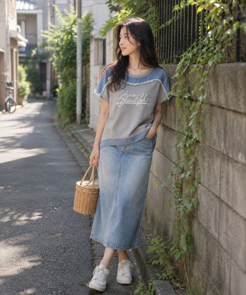 KONVINI（コンビニ）の「【KONVINI select】デニム切替 ロゴTシャツ 半袖 異素材ドッキング カジュアルトップス　ワンマイル　ラフ（Tシャツ/カットソー・レディース・グレー/ブラック・FREE）」の9枚目の写真