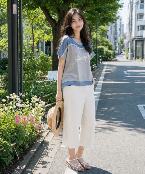 KONVINI（コンビニ）の「【KONVINI select】デニム切替 ロゴTシャツ 半袖 異素材ドッキング カジュアルトップス　ワンマイル　ラフ（Tシャツ/カットソー・レディース・グレー/ブラック・FREE）」の10枚目の写真