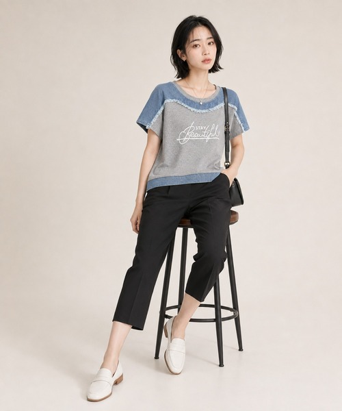 KONVINI（コンビニ）の「【KONVINI select】デニム切替 ロゴTシャツ 半袖 異素材ドッキング カジュアルトップス　ワンマイル　ラフ（Tシャツ/カットソー・レディース・グレー/ブラック・FREE）」の18枚目の写真