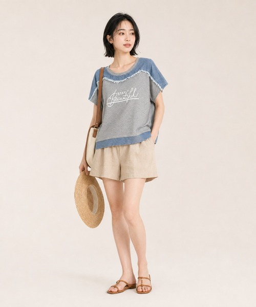 KONVINI（コンビニ）の「【KONVINI select】デニム切替 ロゴTシャツ 半袖 異素材ドッキング カジュアルトップス　ワンマイル　ラフ（Tシャツ/カットソー・レディース・グレー/ブラック・FREE）」の11枚目の写真