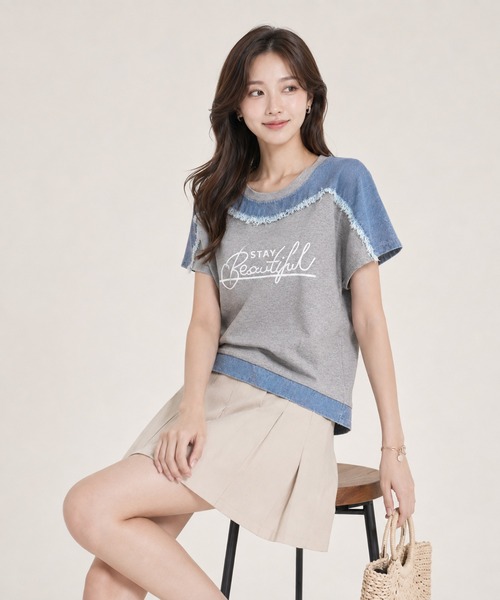 KONVINI（コンビニ）の「【KONVINI select】デニム切替 ロゴTシャツ 半袖 異素材ドッキング カジュアルトップス　ワンマイル　ラフ（Tシャツ/カットソー・レディース・グレー/ブラック・FREE）」の19枚目の写真