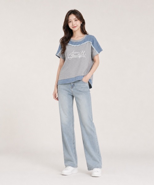 KONVINI（コンビニ）の「【KONVINI select】デニム切替 ロゴTシャツ 半袖 異素材ドッキング カジュアルトップス　ワンマイル　ラフ（Tシャツ/カットソー・レディース・グレー/ブラック・FREE）」の20枚目の写真