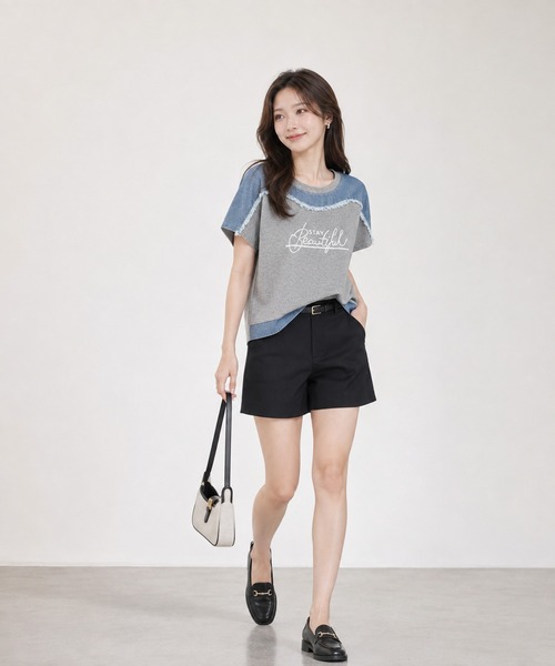 KONVINI（コンビニ）の「【KONVINI select】デニム切替 ロゴTシャツ 半袖 異素材ドッキング カジュアルトップス　ワンマイル　ラフ（Tシャツ/カットソー・レディース・グレー/ブラック・FREE）」の21枚目の写真