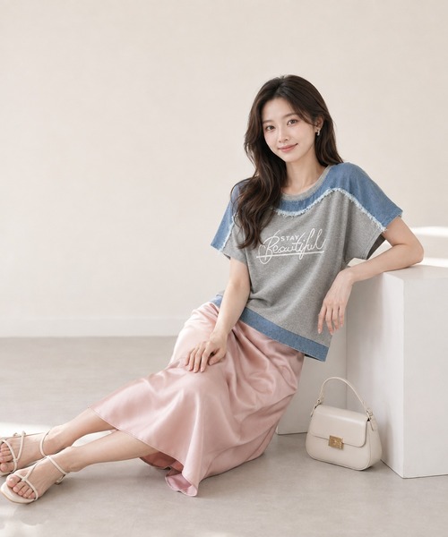 KONVINI（コンビニ）の「【KONVINI select】デニム切替 ロゴTシャツ 半袖 異素材ドッキング カジュアルトップス　ワンマイル　ラフ（Tシャツ/カットソー・レディース・グレー/ブラック・FREE）」の22枚目の写真