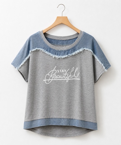 KONVINI（コンビニ）の「【KONVINI select】デニム切替 ロゴTシャツ 半袖 異素材ドッキング カジュアルトップス　ワンマイル　ラフ（Tシャツ/カットソー・レディース・グレー/ブラック・FREE）」の4枚目の写真