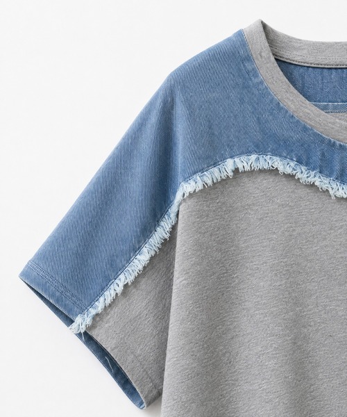 KONVINI（コンビニ）の「【KONVINI select】デニム切替 ロゴTシャツ 半袖 異素材ドッキング カジュアルトップス　ワンマイル　ラフ（Tシャツ/カットソー・レディース・グレー/ブラック・FREE）」の6枚目の写真