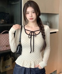 【秋冬新作】2色展開ドット柄ネックリボンペプラム長袖トップス