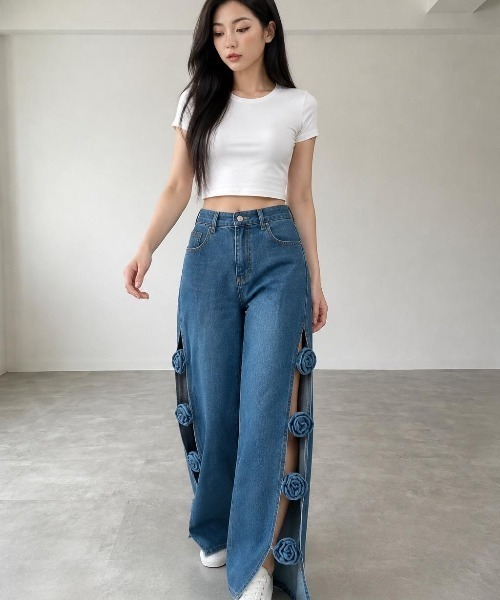 Belle Cie(ベルシー)の「サイドフラワーモチーフデニムパンツ 立体バラ サイドスリット ハイウエスト ワイド 韓国ファッション(デニムパンツ・レディース・ブルー・M/L/S)」の2枚目の写真